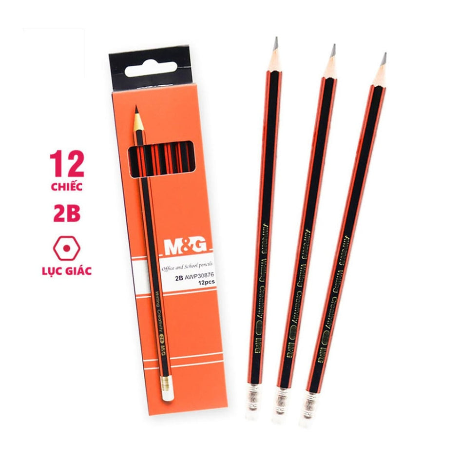 Bút chì chuốt 2B M&G AWP30876 sọc đỏ đen - Hộp 12 cây