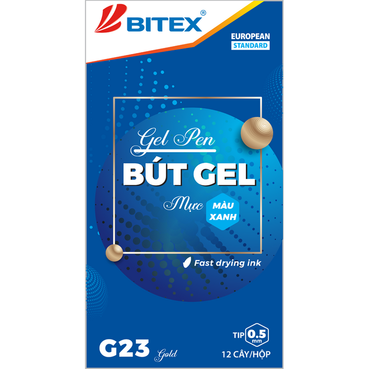 Bút gel mực xanh Bitex G23 thân nhũ vàng (hộp 12 Cây)