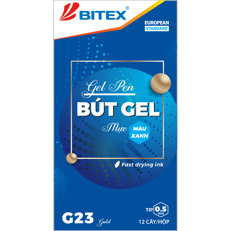 Bút gel mực xanh Bitex G23 thân nhũ vàng (hộp 12 Cây)